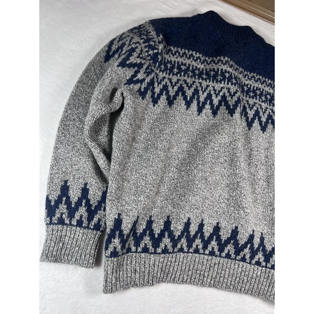 LL Bean 100% Lambswool Fair Isle‎ Nordic Sweater Mens L Gray Blue Wool Pullover